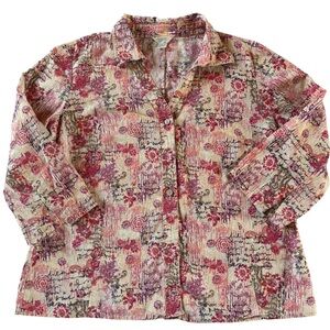 Christopher & Banks Linen Blend Floral Script Button Front Top XL